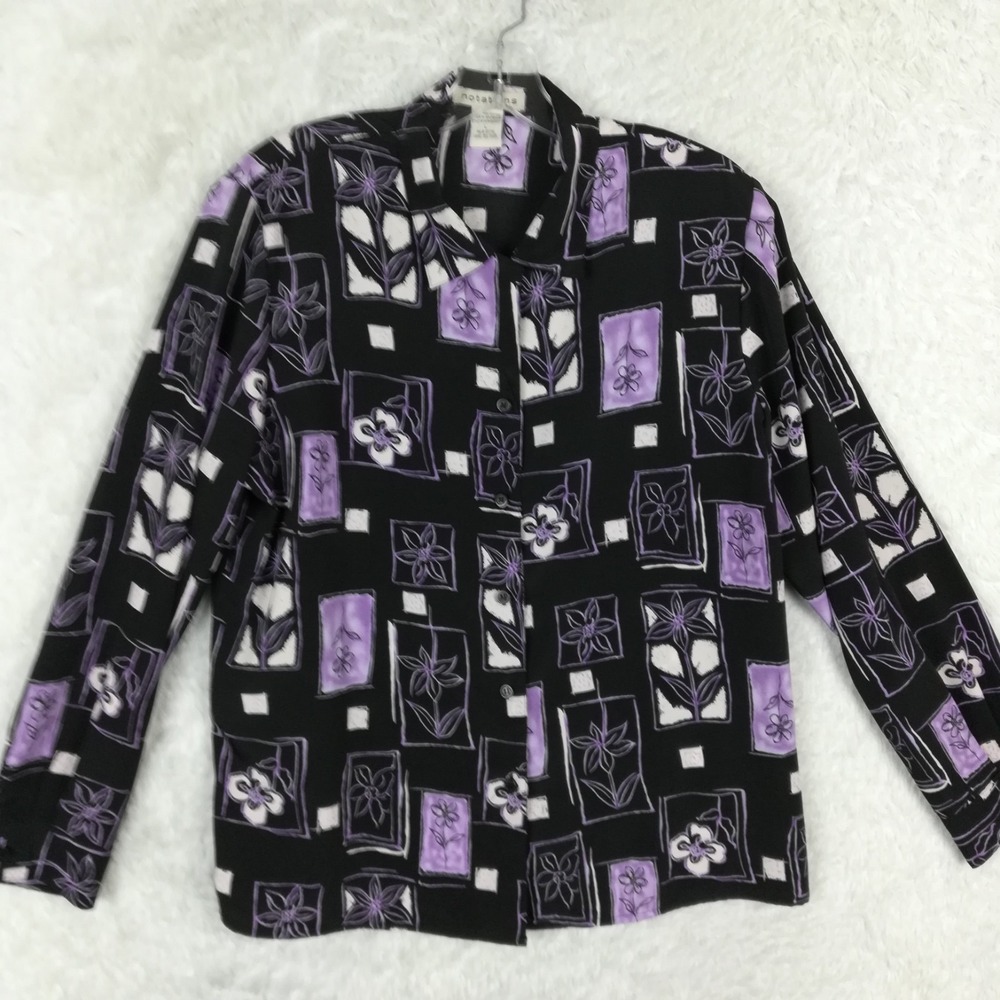 Notations Womens Shirt Button‎ Up Black Purple Floral Blouse Long Sleeve L